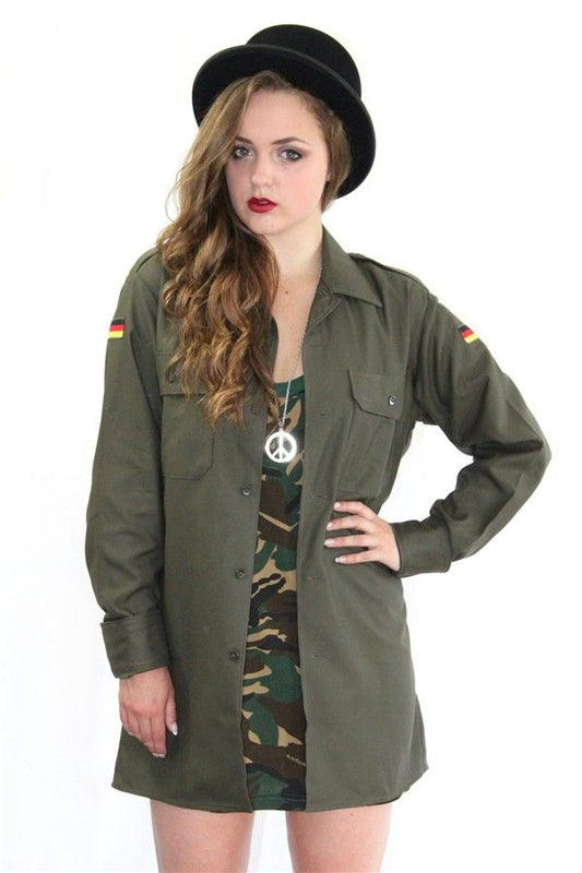 Vintage 1980s German army olive blouse military shirt khaki boyfriend jacket oversized