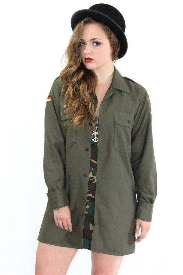 Vintage 1980s German army olive blouse military shirt khaki boyfriend jacket oversized