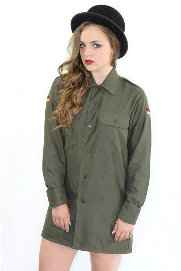 Vintage 1980s German army olive blouse military shirt khaki boyfriend jacket oversized