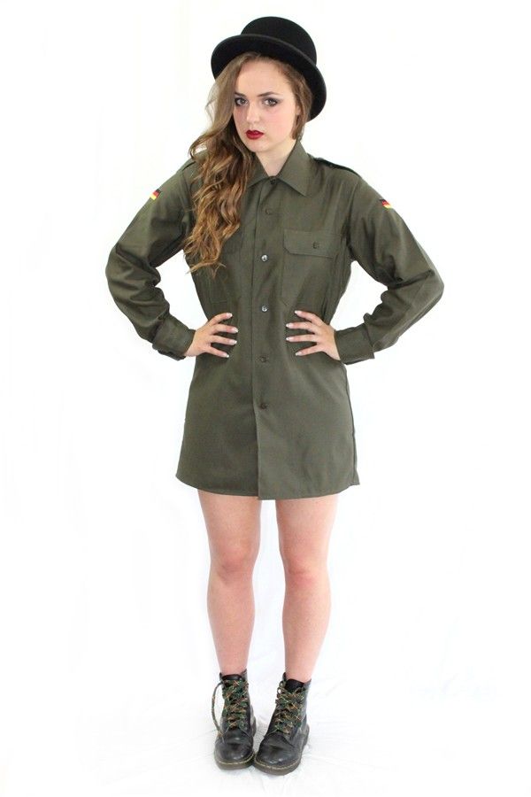 Vintage 1980s German army olive blouse military shirt khaki boyfriend jacket oversized