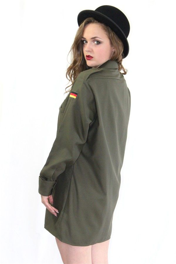 Vintage 1980s German army olive blouse military shirt khaki boyfriend jacket oversized