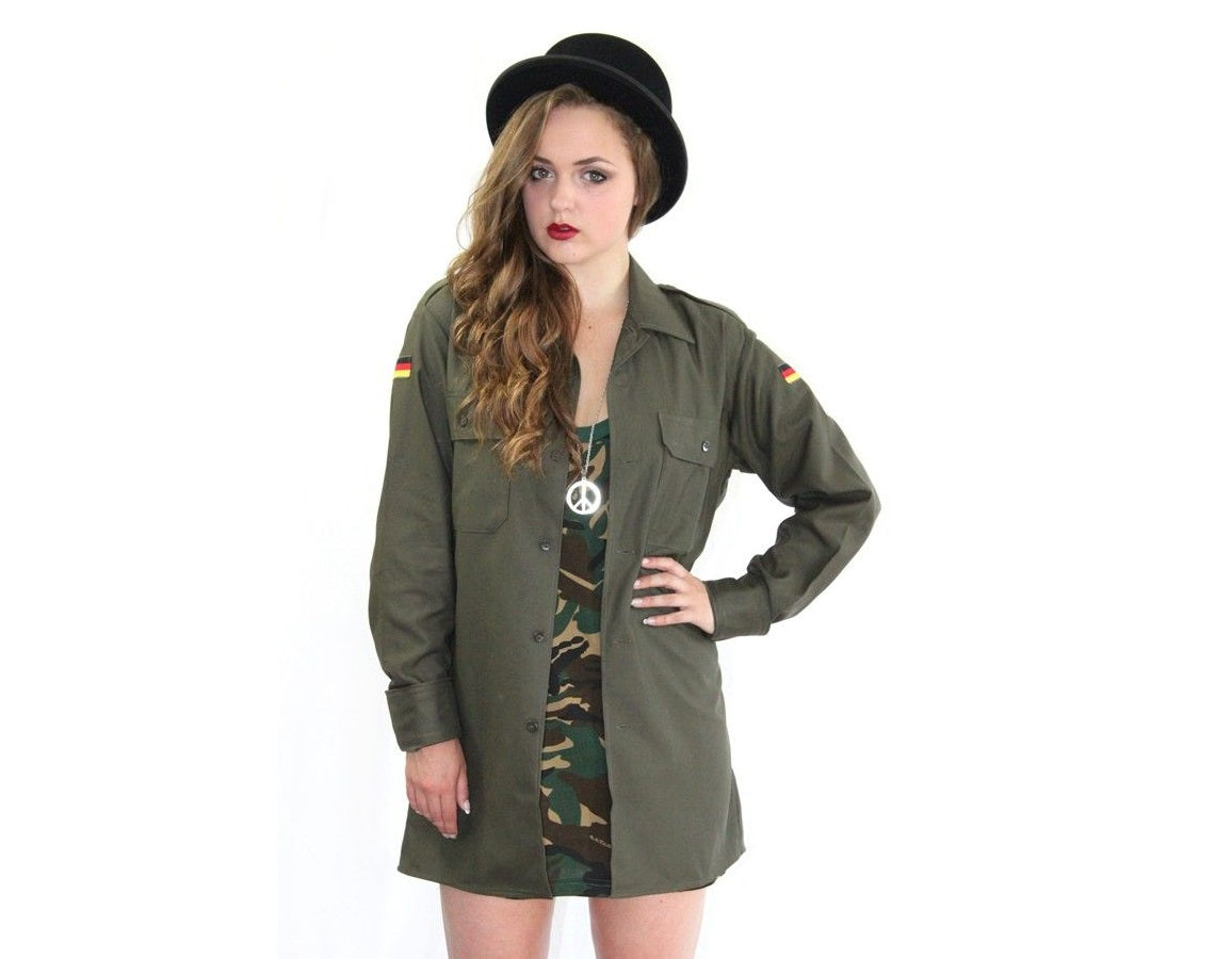 Vintage 1980s German army olive blouse military shirt khaki boyfriend jacket oversized