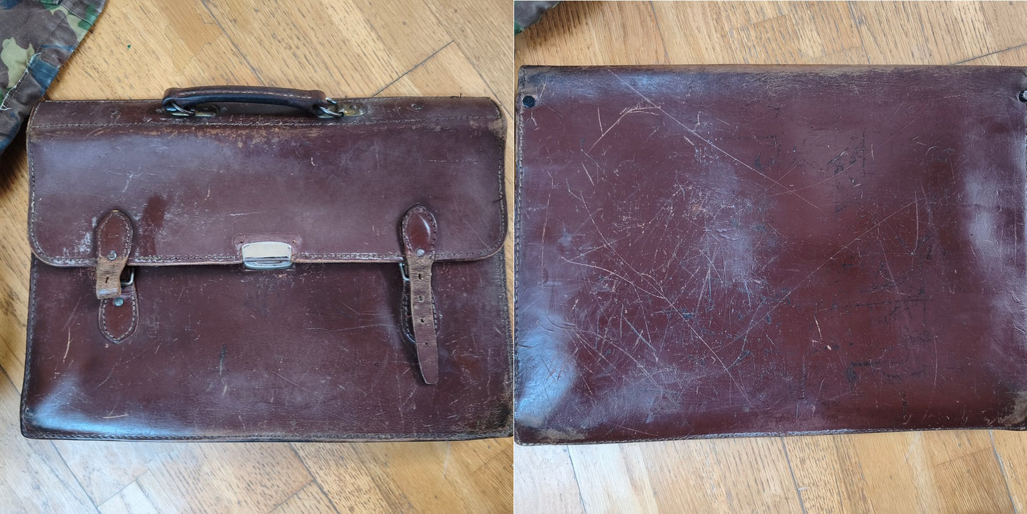 Vintage 1960s Austrian Army brown leather document case briefcase attache bag carrier military standard