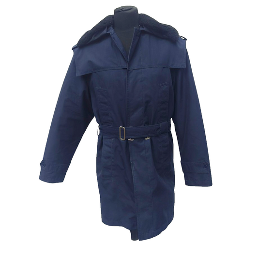 Vintage 19902-early 2000s Romanian Army navy blue winter parka jacket fully lined military black faux fur collar