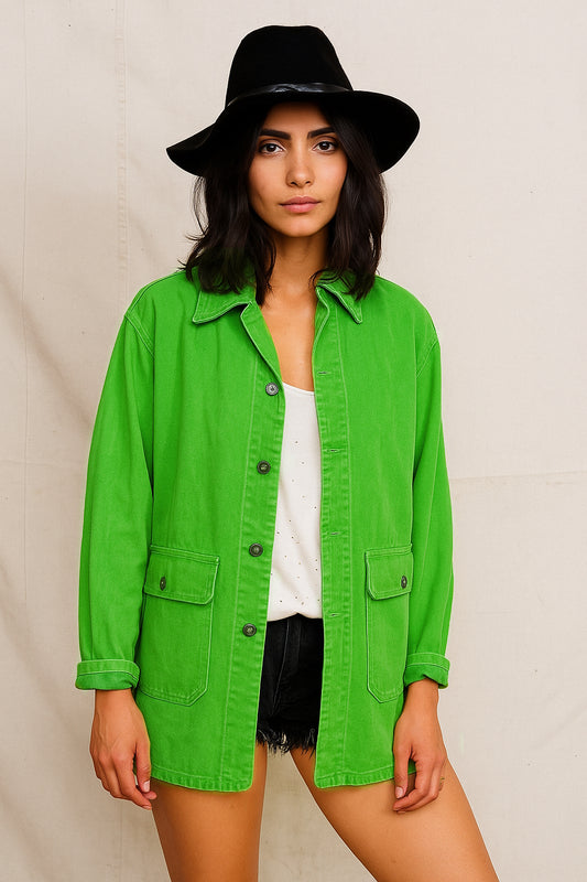 vintage 1960s 1970s Swedish Army lime green denim work jacket military coat combat field ladies