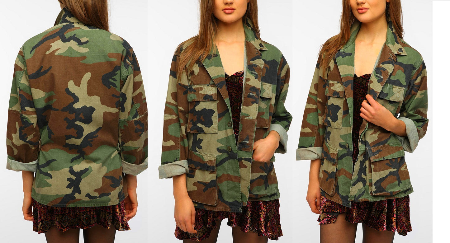 New Vintage 1990s US army woodland oversized camouflage jacket coat surplus camo military retro urban ladies women's ladies unissued