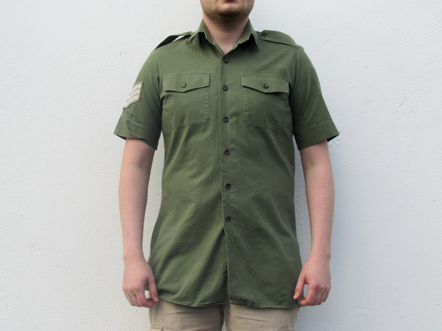 Vintage British army short sleeve service shirt fieldshirt green military dress cotton-denim