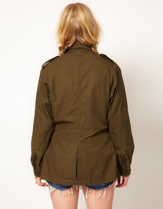 Women's vintage 1970s Italian army jacket military f2 retro khaki coat olive elasticated waist