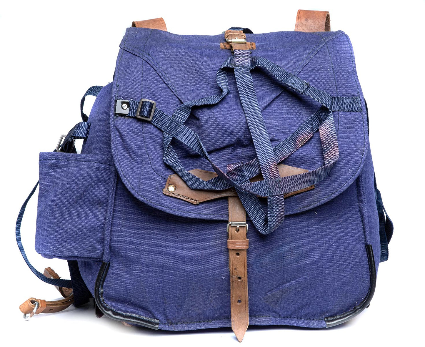 vintage Soviet Era Romanian army blue canvas backpack rucksack bag Communist leather straps webbing
