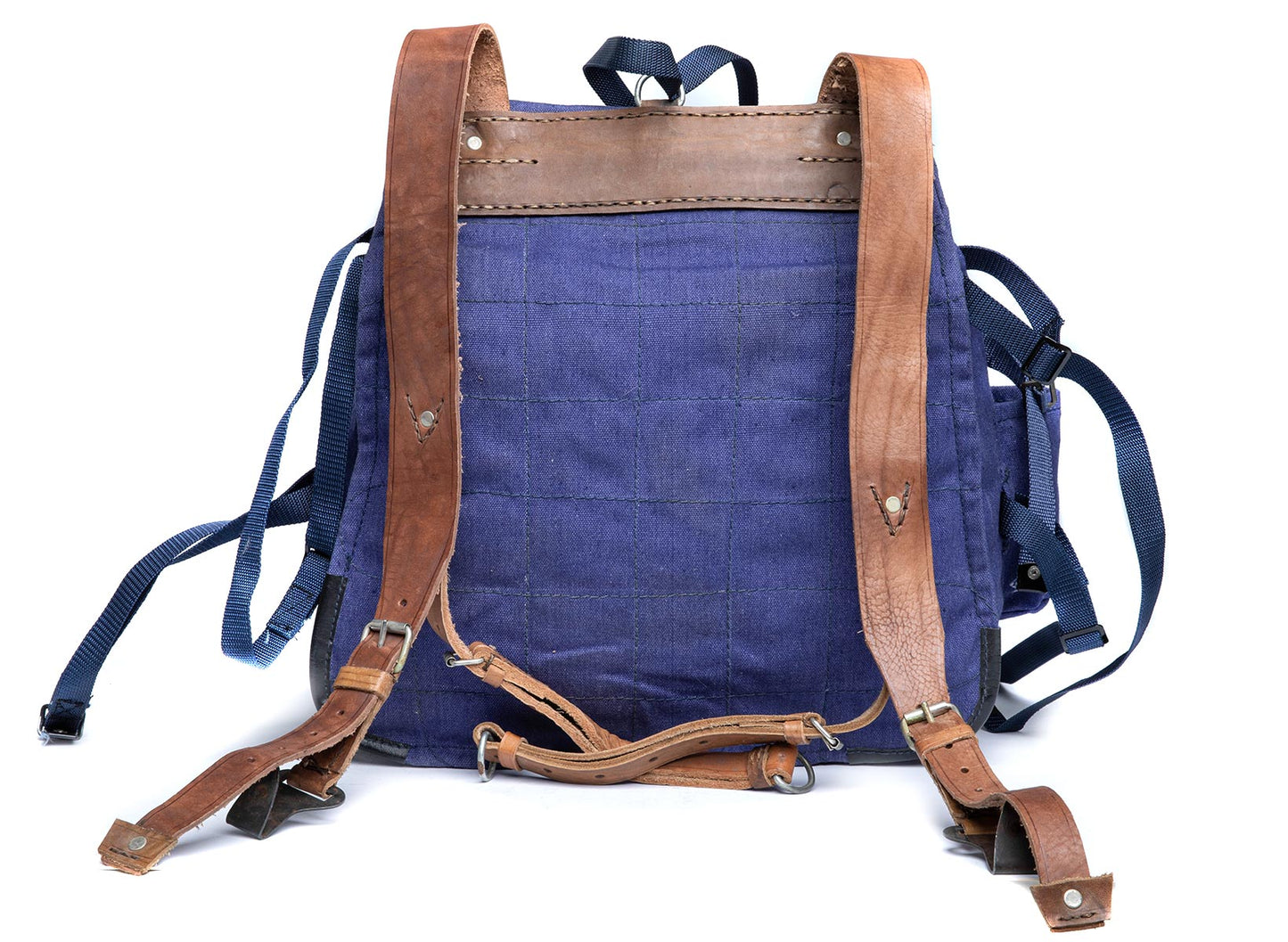 vintage Soviet Era Romanian army blue canvas backpack rucksack bag Communist leather straps webbing