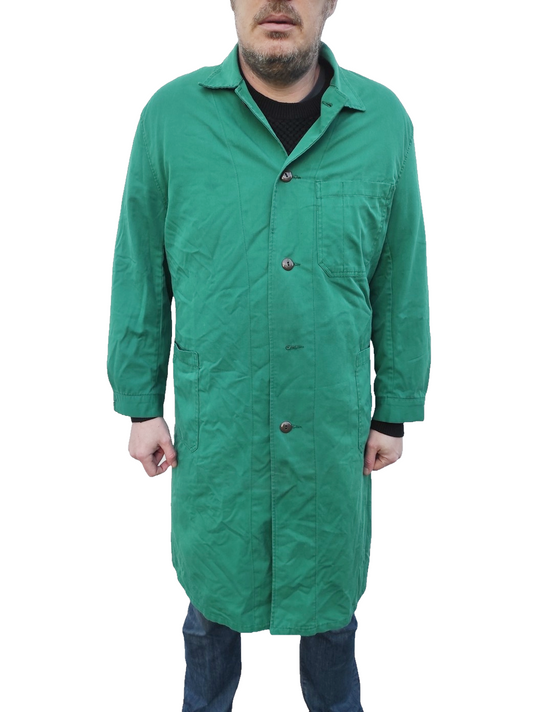 Vintage Austrian Army green long work coat duster jacket chore worker workwear