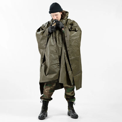 Authentic 1980s Austrian army olive drab poncho rain waterproof basha fishing camping hiking raincape