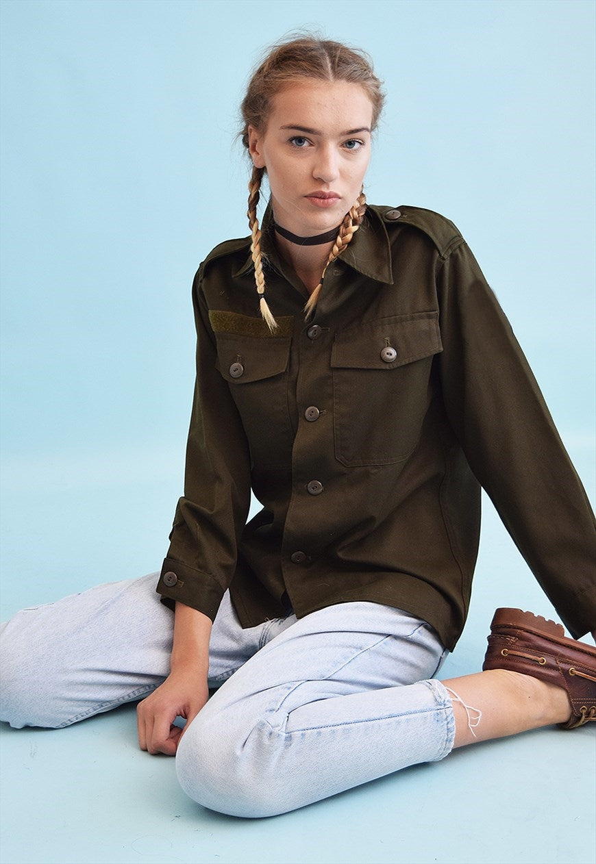 New Vintage Austrian army fieldshirt shirt jacket olive khaki military womens large buttons unissued