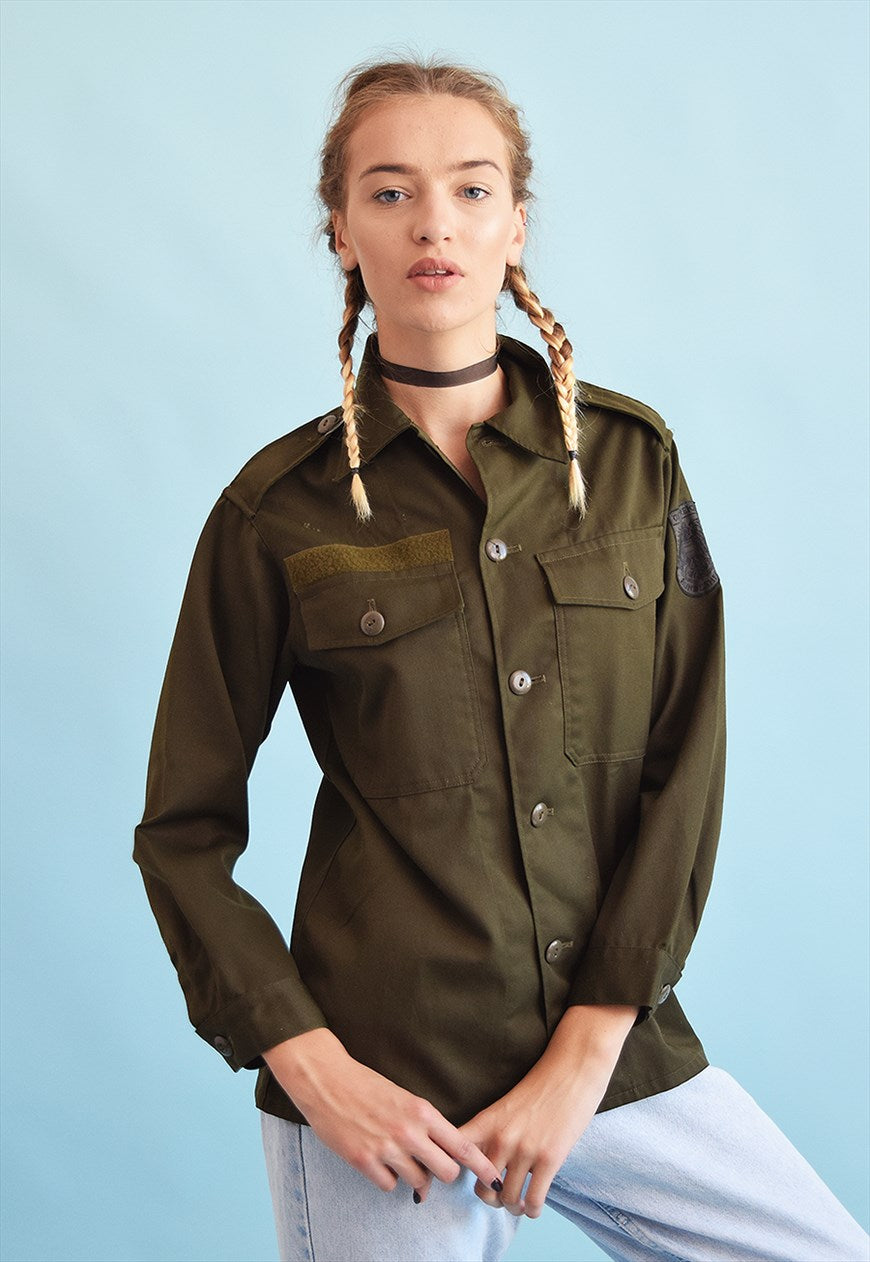 New Vintage Austrian army fieldshirt shirt jacket olive khaki military womens large buttons unissued