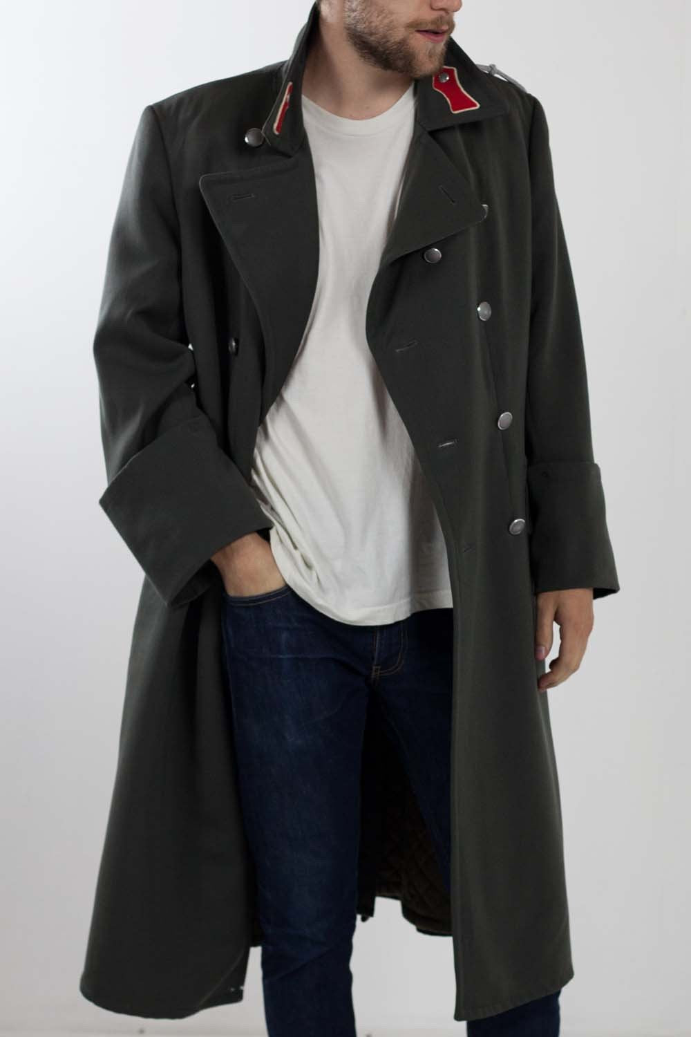 Damaged vintage Double breasted Austrian Army Gaberdine Wool Army Trenchcoat Greatcoat trench military overcoat coat reds