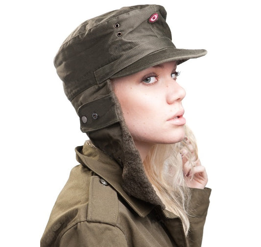 Vintage Austrian army lined winter hat cap military cold weather 1980s army green olive khaki