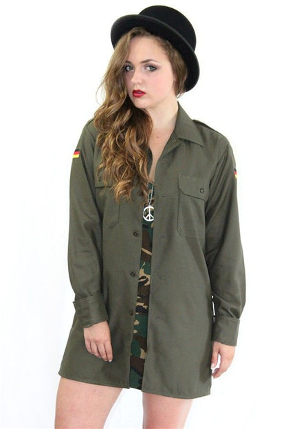 Vintage 1980s German army olive blouse military shirt khaki boyfriend jacket oversized