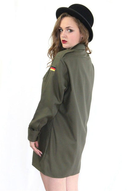 Vintage 1980s German army olive blouse military shirt khaki boyfriend jacket oversized