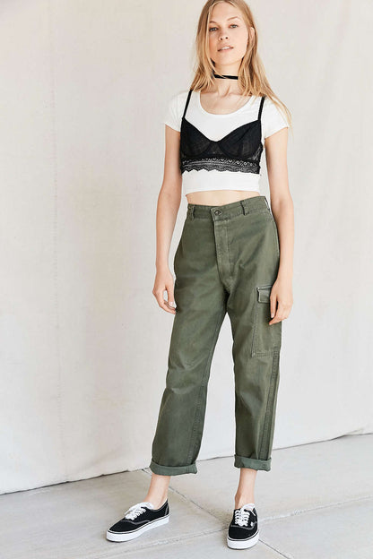 Vintage 1980s Women's Belgian army khaki trousers pants military olive cargo combat one pocket
