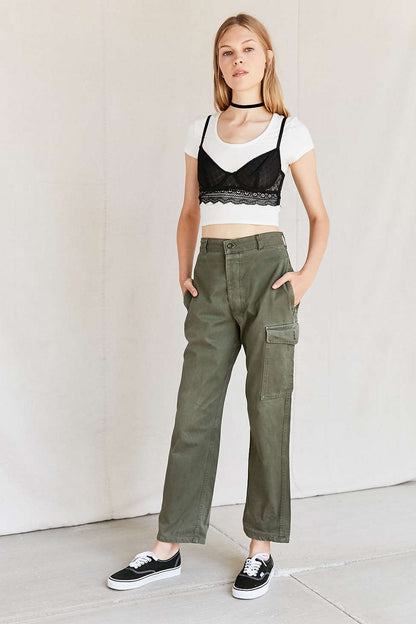 Vintage 1980s Women's Belgian army khaki trousers pants military olive cargo combat one pocket