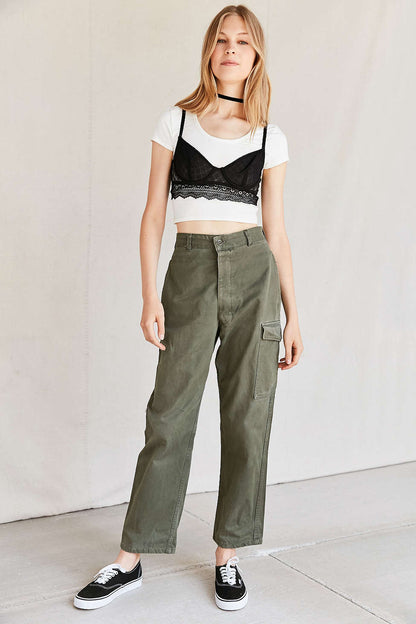 Vintage 1980s Women's Belgian army khaki trousers pants military olive cargo combat one pocket