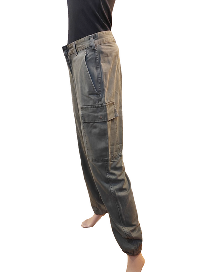 Vintage 1980s Women's Belgian army khaki trousers pants military olive cargo combat one pocket elasticated hem