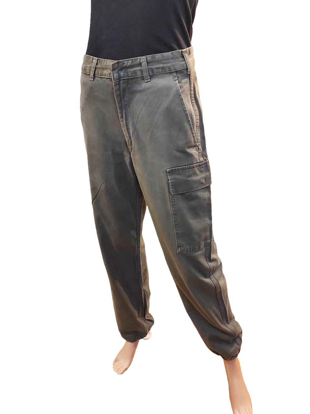 Vintage 1980s Women's Belgian army khaki trousers pants military olive cargo combat one pocket elasticated hem