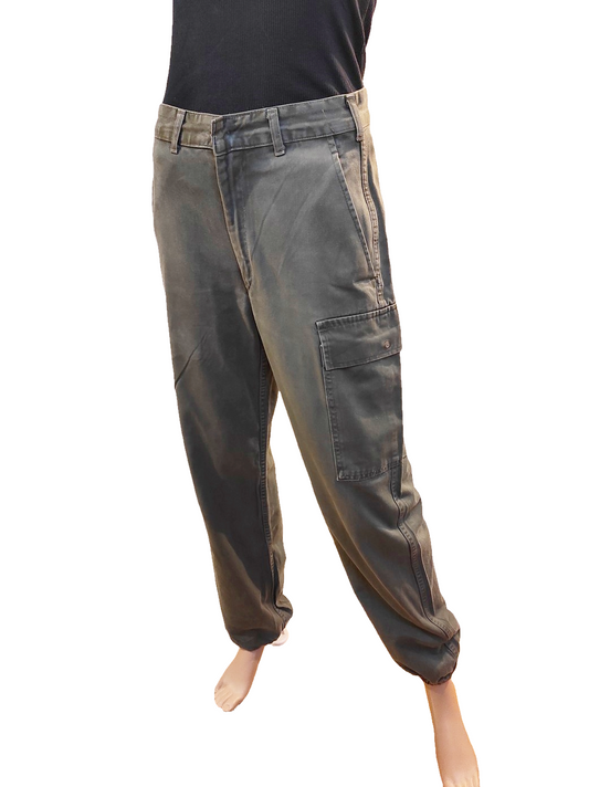 Vintage 1980s Women's Belgian army khaki trousers pants military olive cargo combat one pocket elasticated hem