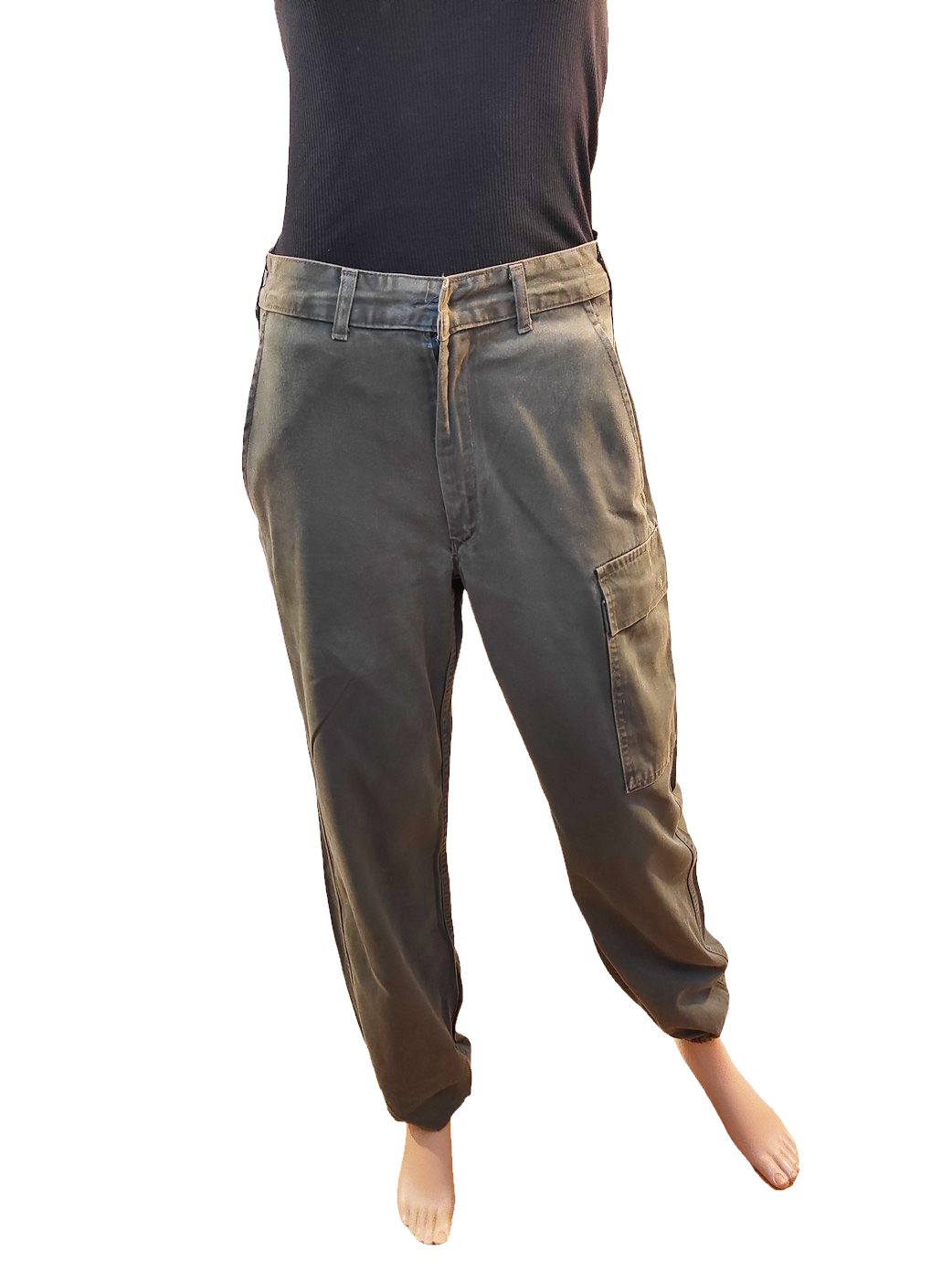Vintage 1980s Women's Belgian army khaki trousers pants military olive cargo combat one pocket elasticated hem