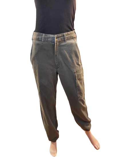 Vintage 1980s Women's Belgian army khaki trousers pants military olive cargo combat one pocket elasticated hem
