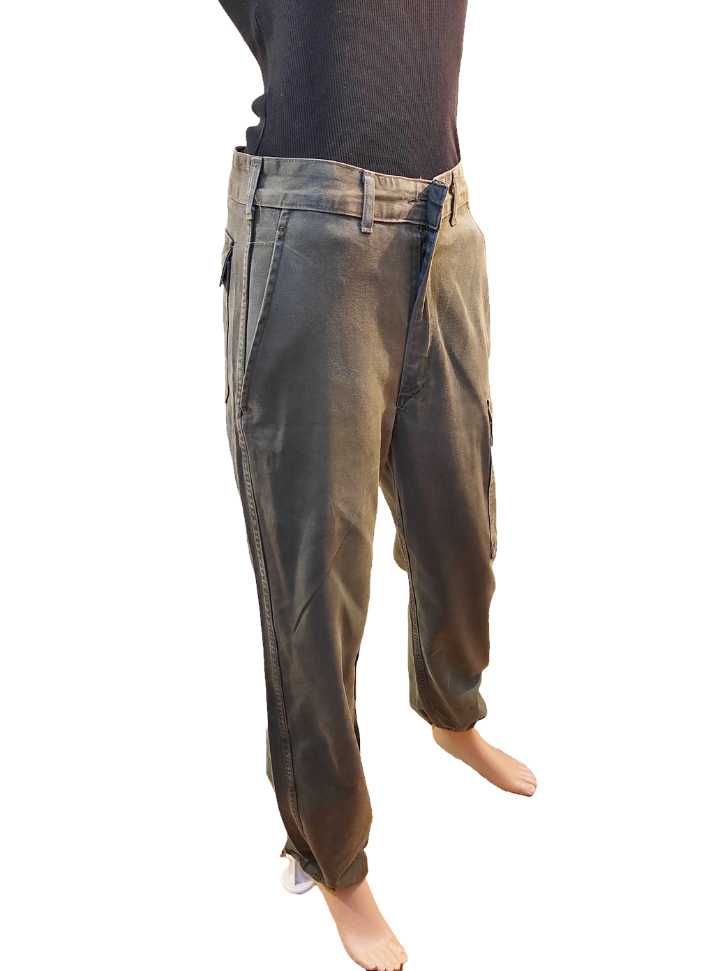 Vintage 1980s Women's Belgian army khaki trousers pants military olive cargo combat one pocket elasticated hem