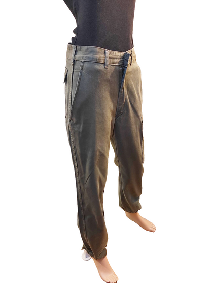 Vintage 1980s Women's Belgian army khaki trousers pants military olive cargo combat one pocket elasticated hem