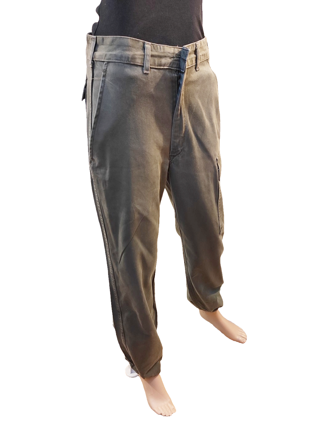 Vintage 1980s Women's Belgian army khaki trousers pants military olive cargo combat one pocket elasticated hem