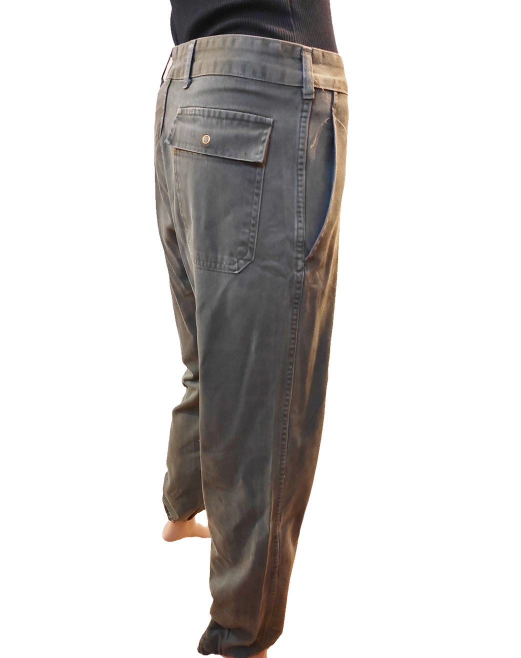 Vintage 1980s Women's Belgian army khaki trousers pants military olive cargo combat one pocket elasticated hem