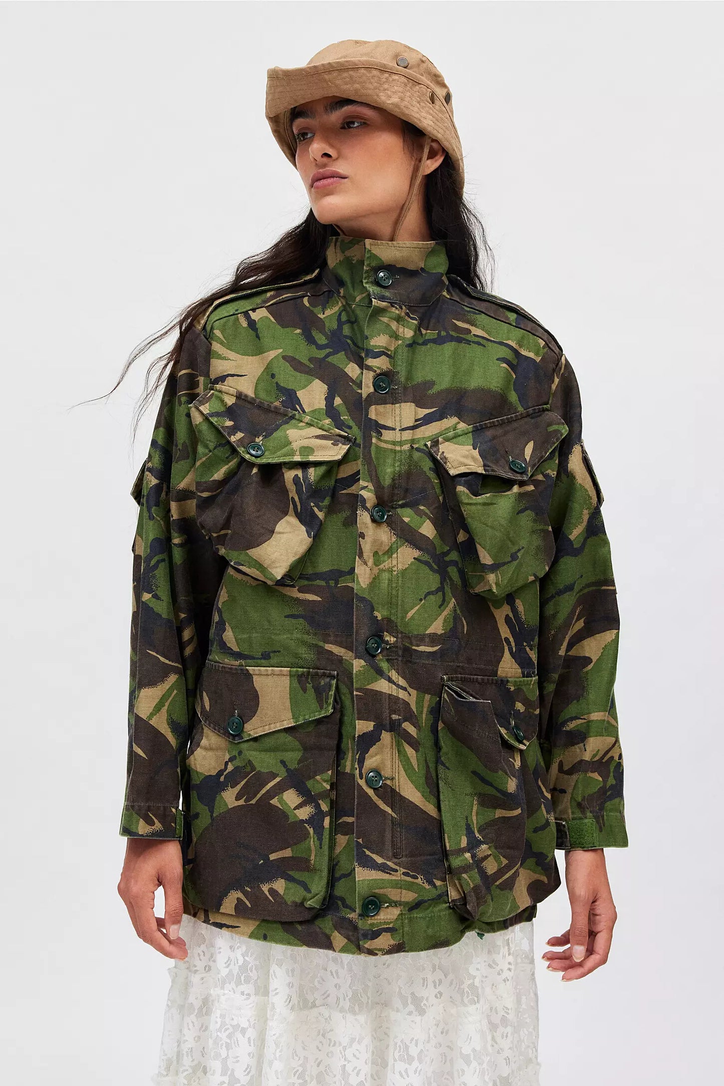 Vintage British army camo jacket parka coat Military camo camouflage dpm woodland 1980s ladies bellow pockets 84 pattern