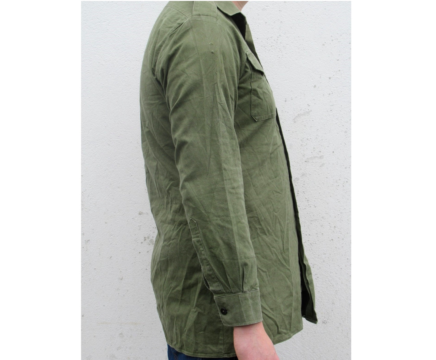 Vintage British army heavyweight service shirt fieldshirt green military dress cotton-denim
