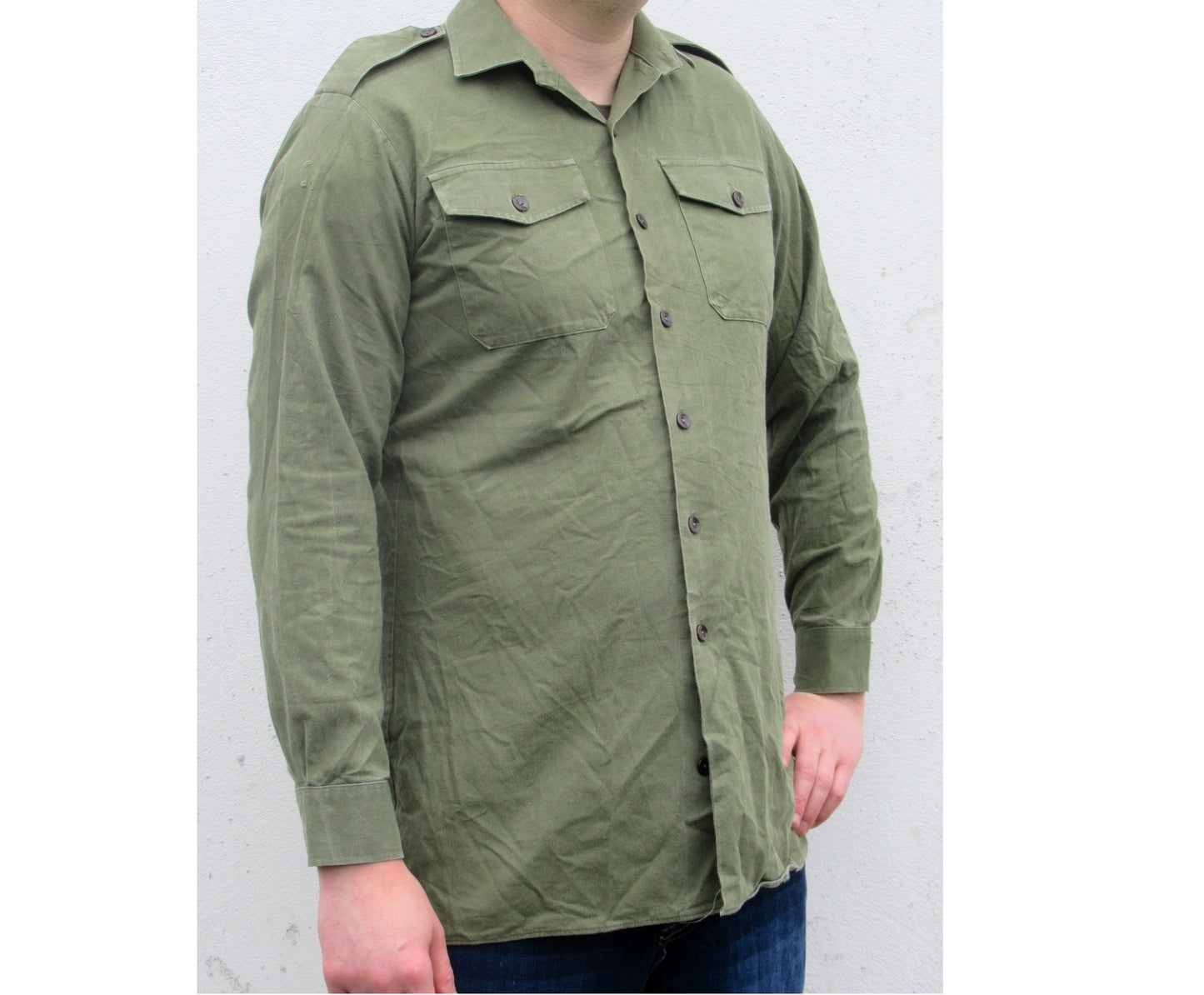 Vintage British army heavyweight service shirt fieldshirt green military dress cotton-denim