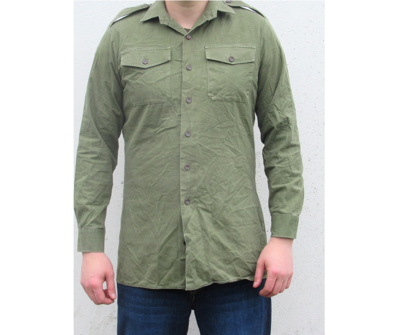 Vintage British army heavyweight service shirt fieldshirt green military dress cotton-denim
