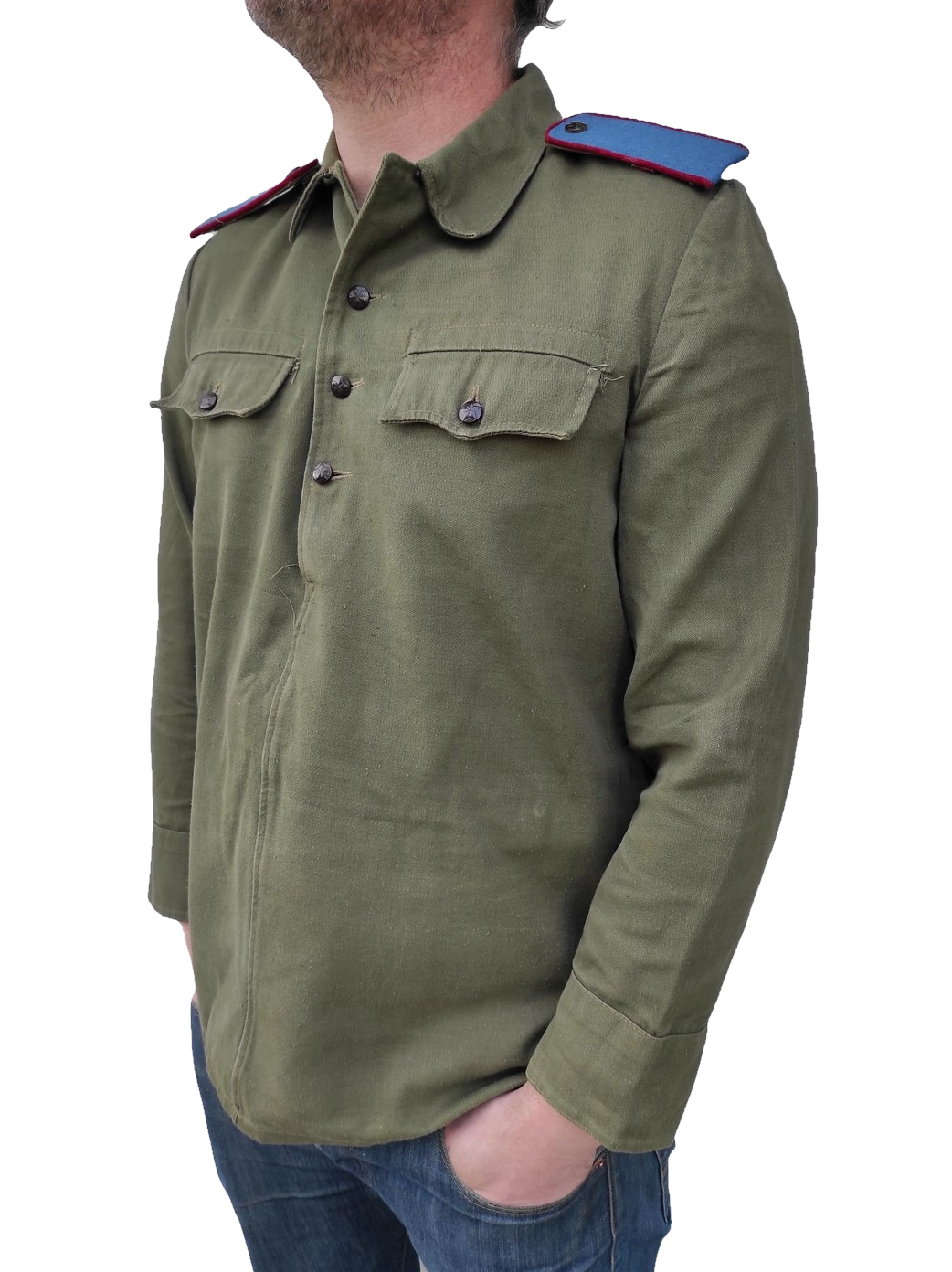 Vintage 1970s soviet era Bulgarian hunting shirt field army military cossack coat fieldshirt shirt communist blue shoulder boards