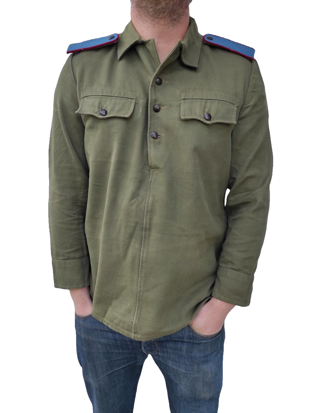Vintage 1970s soviet era Bulgarian hunting shirt field army military cossack coat fieldshirt shirt communist blue shoulder boards