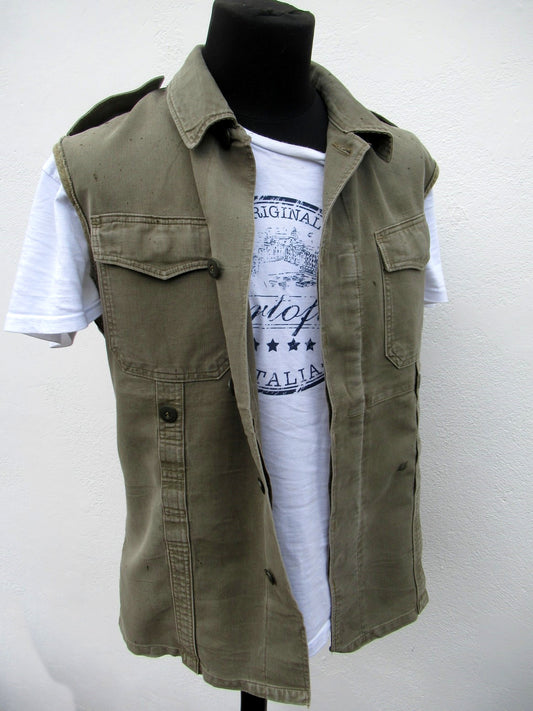 vintage German army moleskin vest gilet sleeveless shirt fieldshirt olive grey