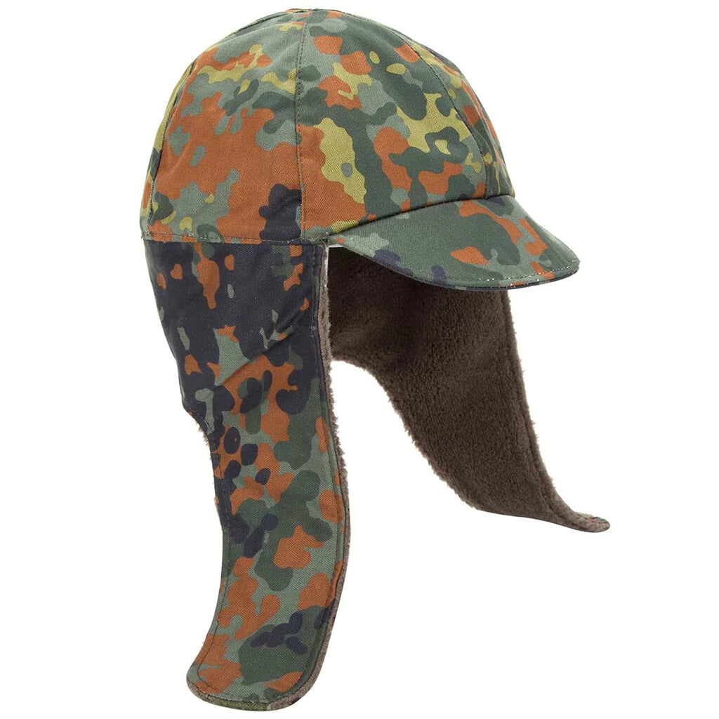New German army winter cap military hat flecktarn camo camouflage peaked faux fur thermal