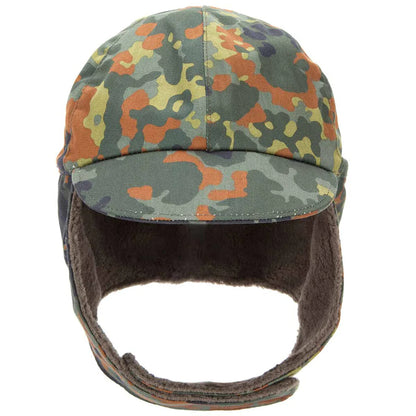 New German army winter cap military hat flecktarn camo camouflage peaked faux fur thermal