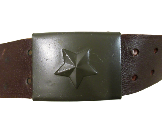 Vintage Czech army brown leather belt cold war communist Soviet Era socialist star insignia buckle