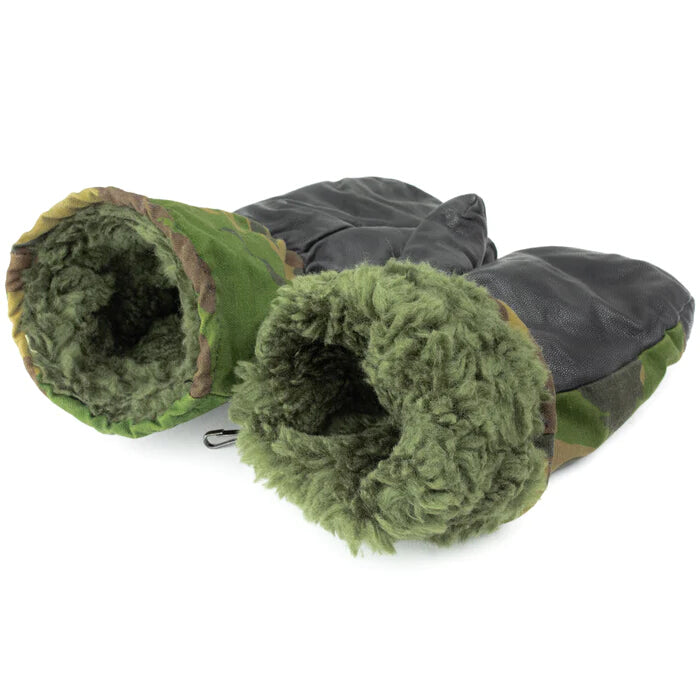 New vintage Dutch Army winter camouflage mittens DPM gloves faux fur lining, leather thumb and palm camo military
