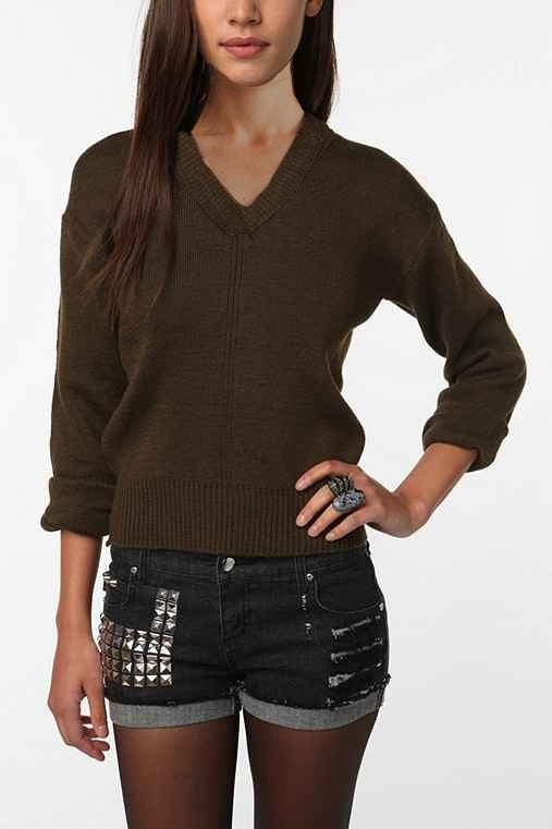Vintage 1950s Women's French army wool v-neck sweater jumper pullover sweatshirt military khaki stretchy