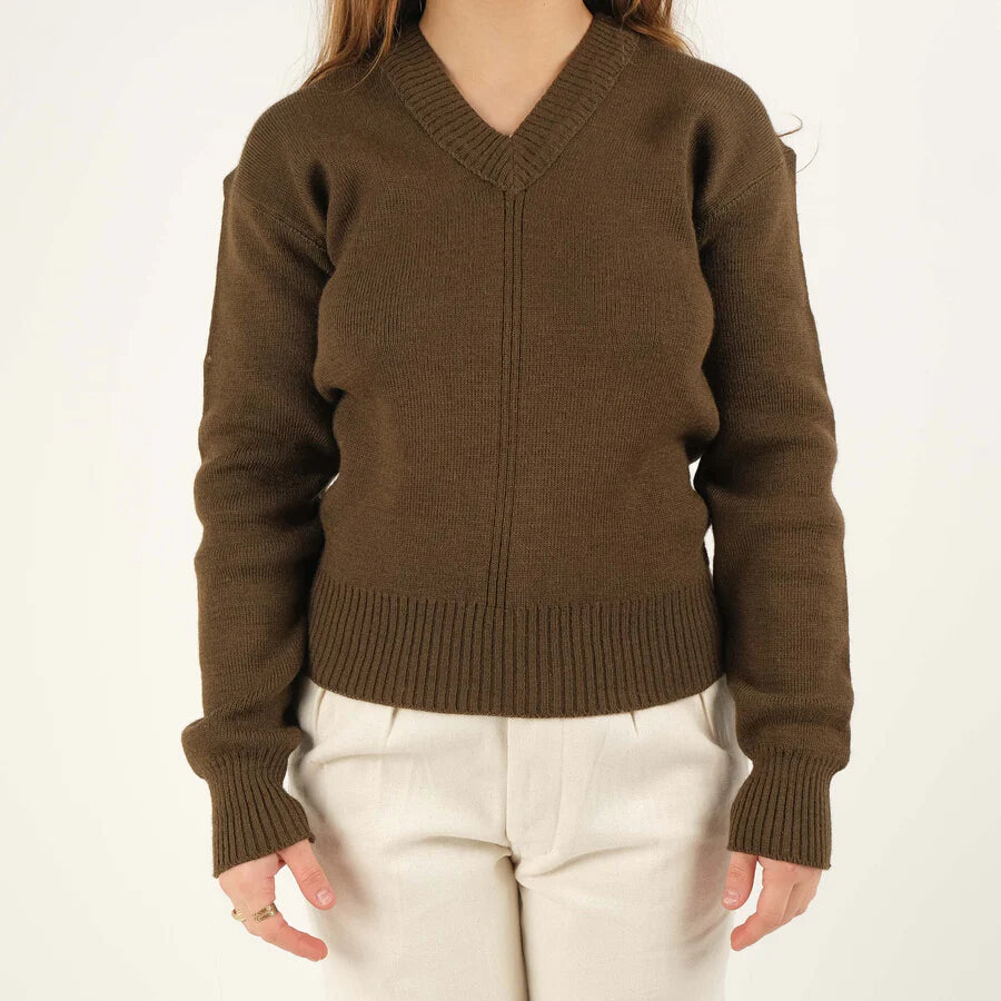 Vintage 1950s Women's French army wool v-neck sweater jumper pullover sweatshirt military khaki stretchy