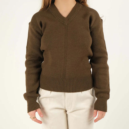 Vintage 1950s Women's French army wool v-neck sweater jumper pullover sweatshirt military khaki stretchy