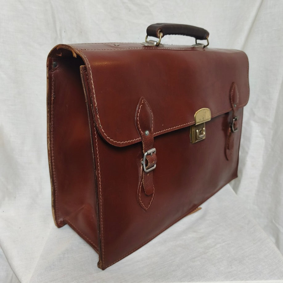 Vintage 1960s Austrian Army brown leather document case briefcase attache bag carrier military standard