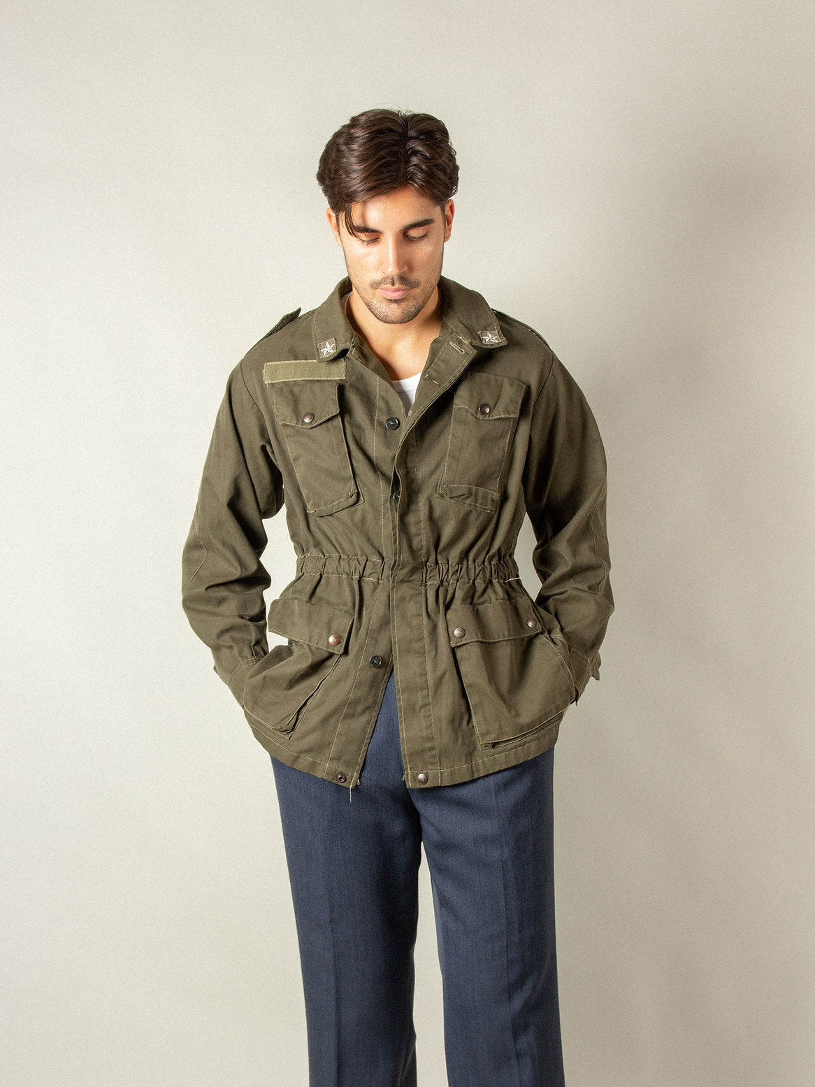 Vintage Italian Army field jacket olive khaki military elasticated waist